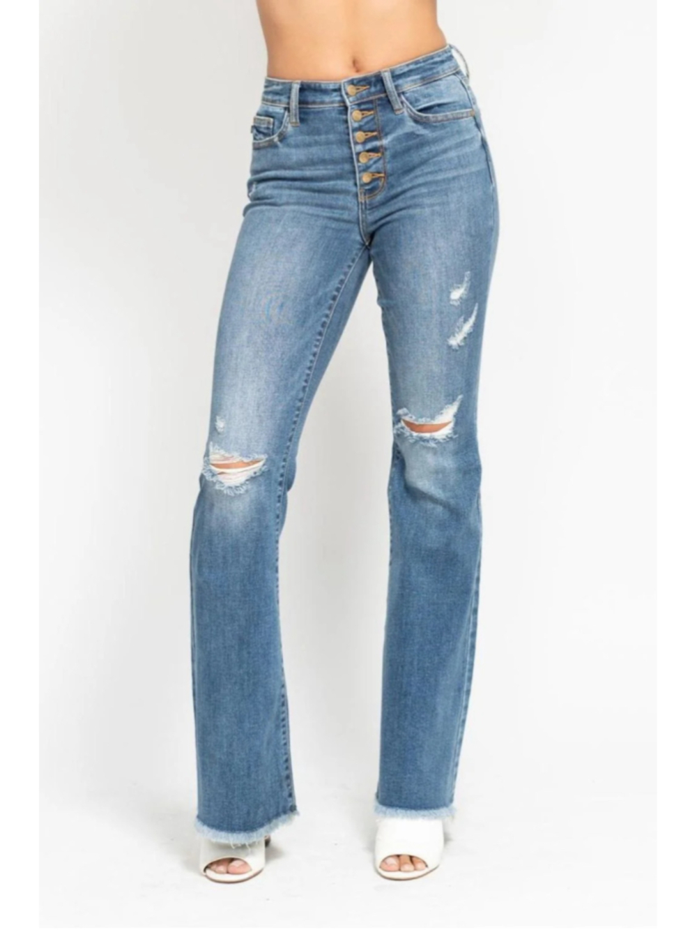 Judy Blue Mid Rise Button Fly Destroyed Fray Hem Flare Denim Jeans Size 26 NWT